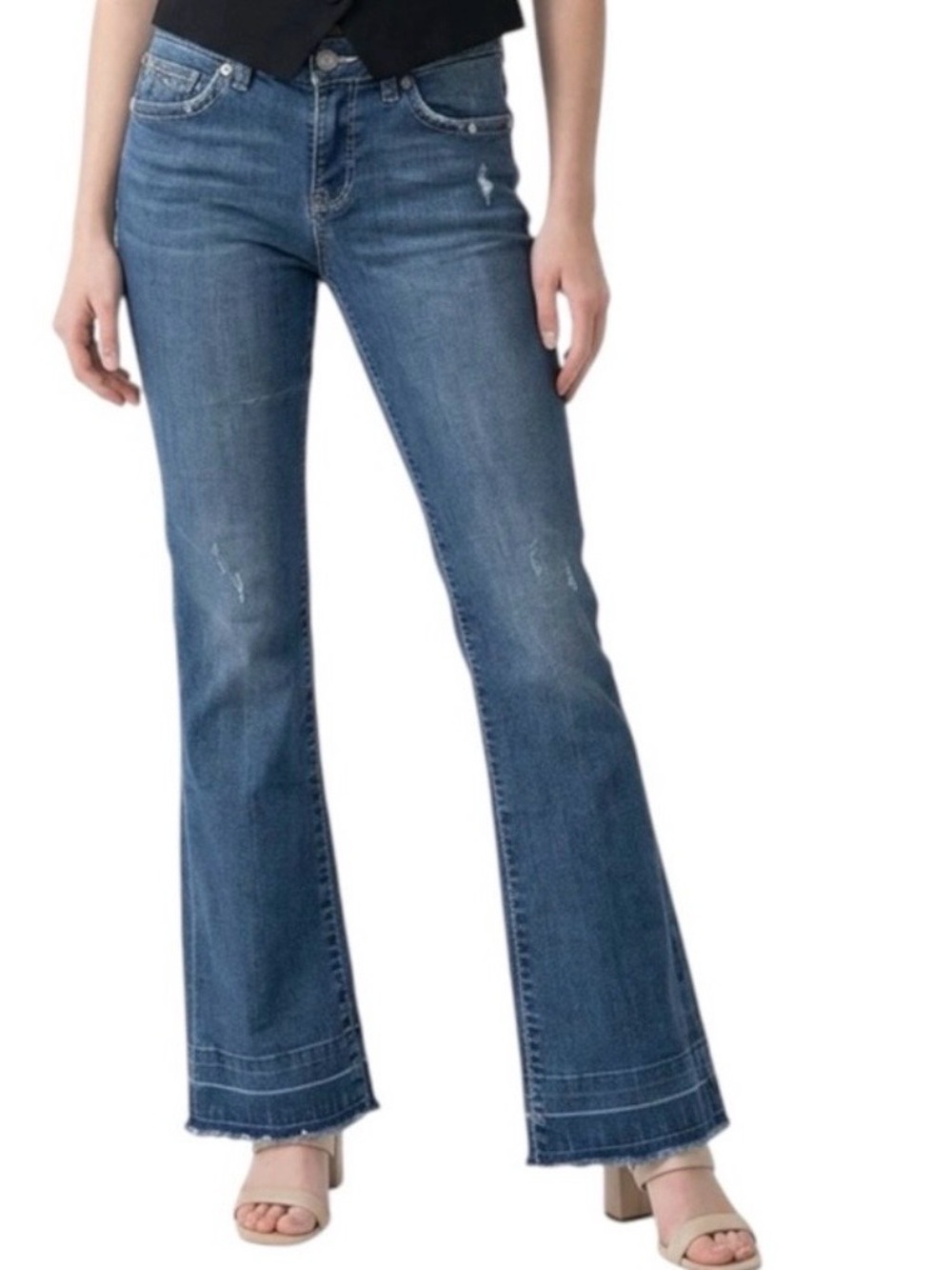 Rock & Republic Kasandra Flare Jeans Women’s Size 6 Med Wash Low Rise Raw Hem